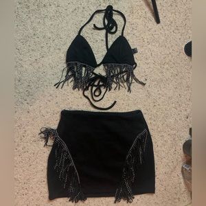 Black Suede Studded Fringe Set